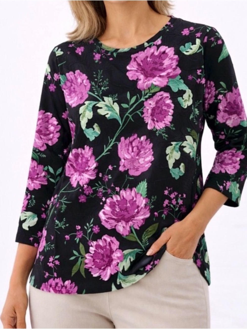 Cathy Floral Blouse Women’s S Black Purple Green 3/4 Sleeve Stretch Top(A358)✨